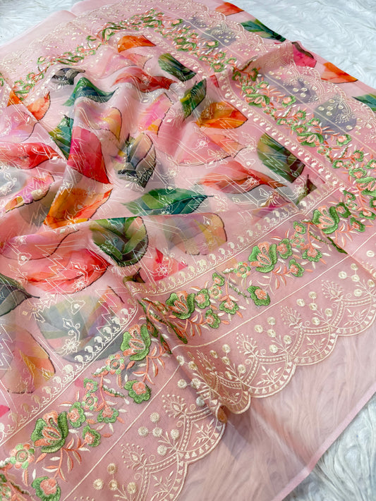 Dusty pink multi shade  kora organza digital print embroidery Banarasi saree