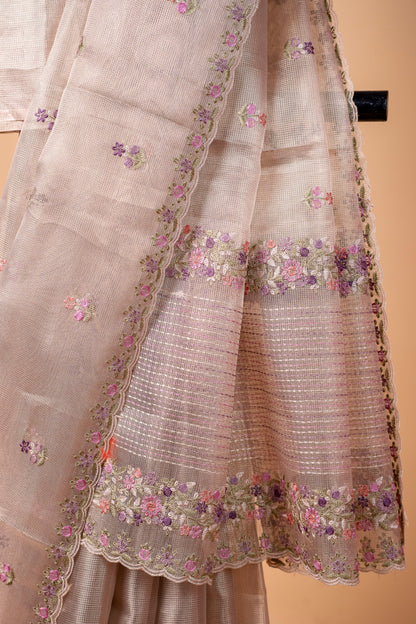 Beige shade tissue kota designer embroidery premium Banarasi saree