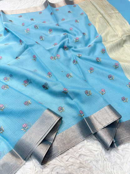 Sky blue shade cotton kota embroidery Banarasi saree