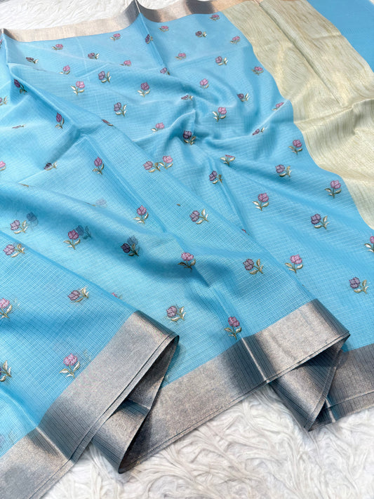 Sky blue shade cotton kota embroidery Banarasi saree