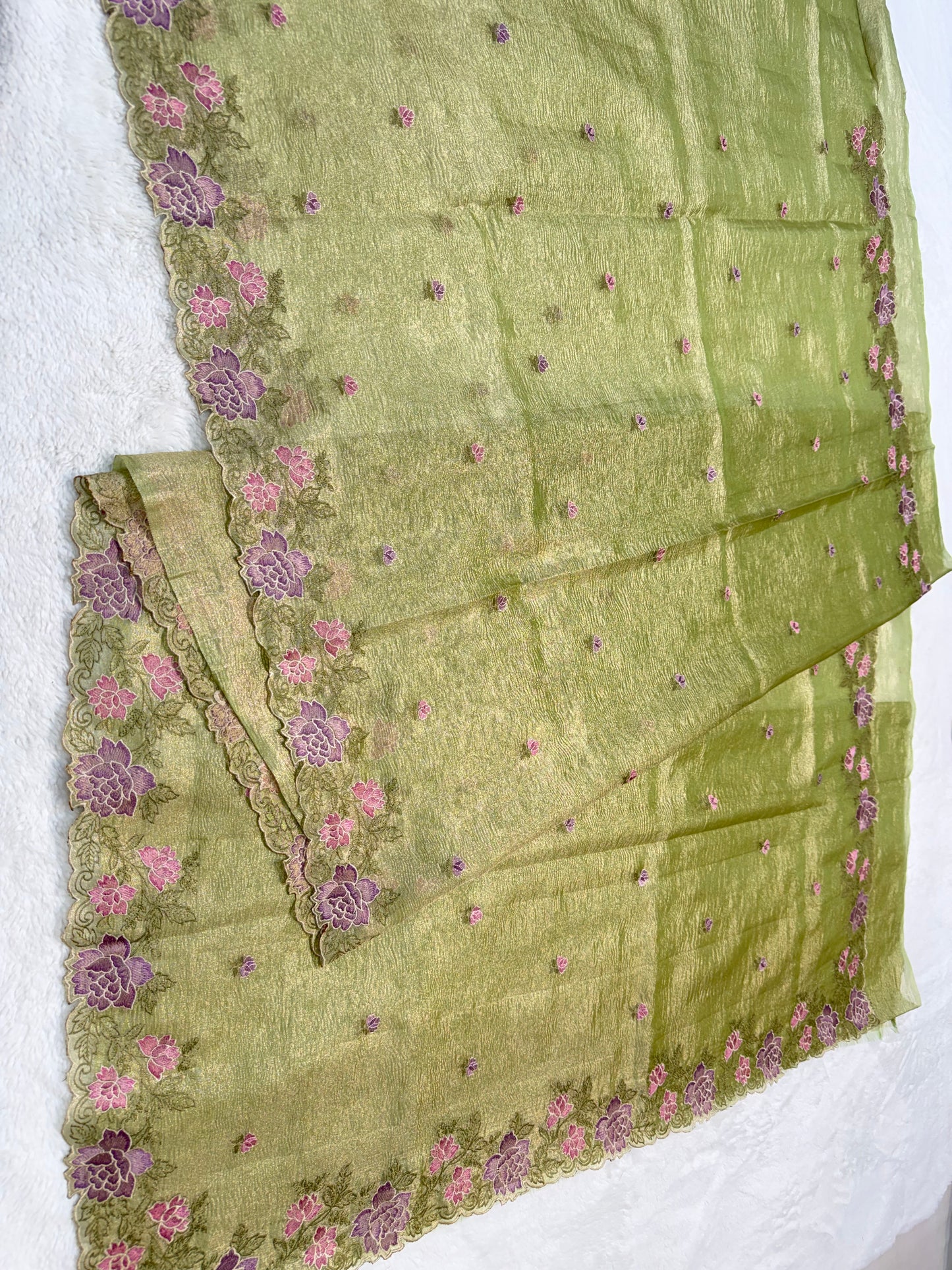 Pista green shade tissue crush cutwork embroidery premium designer Banarasi saree