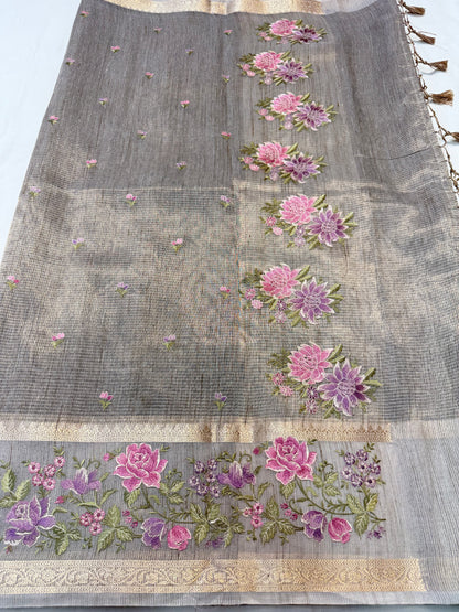 Greay shade tissue linen designer embroidery premium Banarasi saree