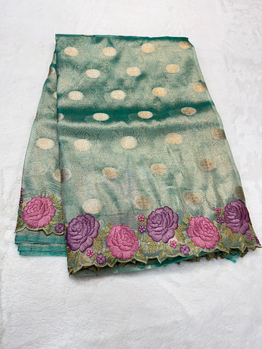 Sea green shade tissue cutwork embroidery premium designer Banarasi saree