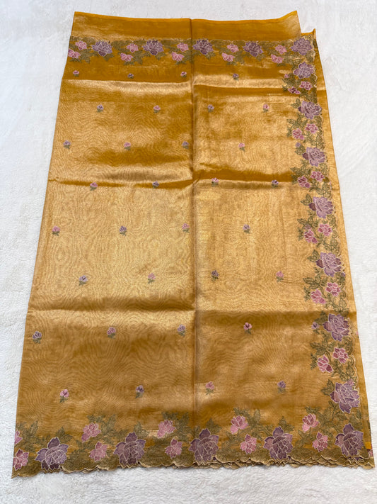 Gold shade tissue cutwork embroidery premium designer Banarasi saree