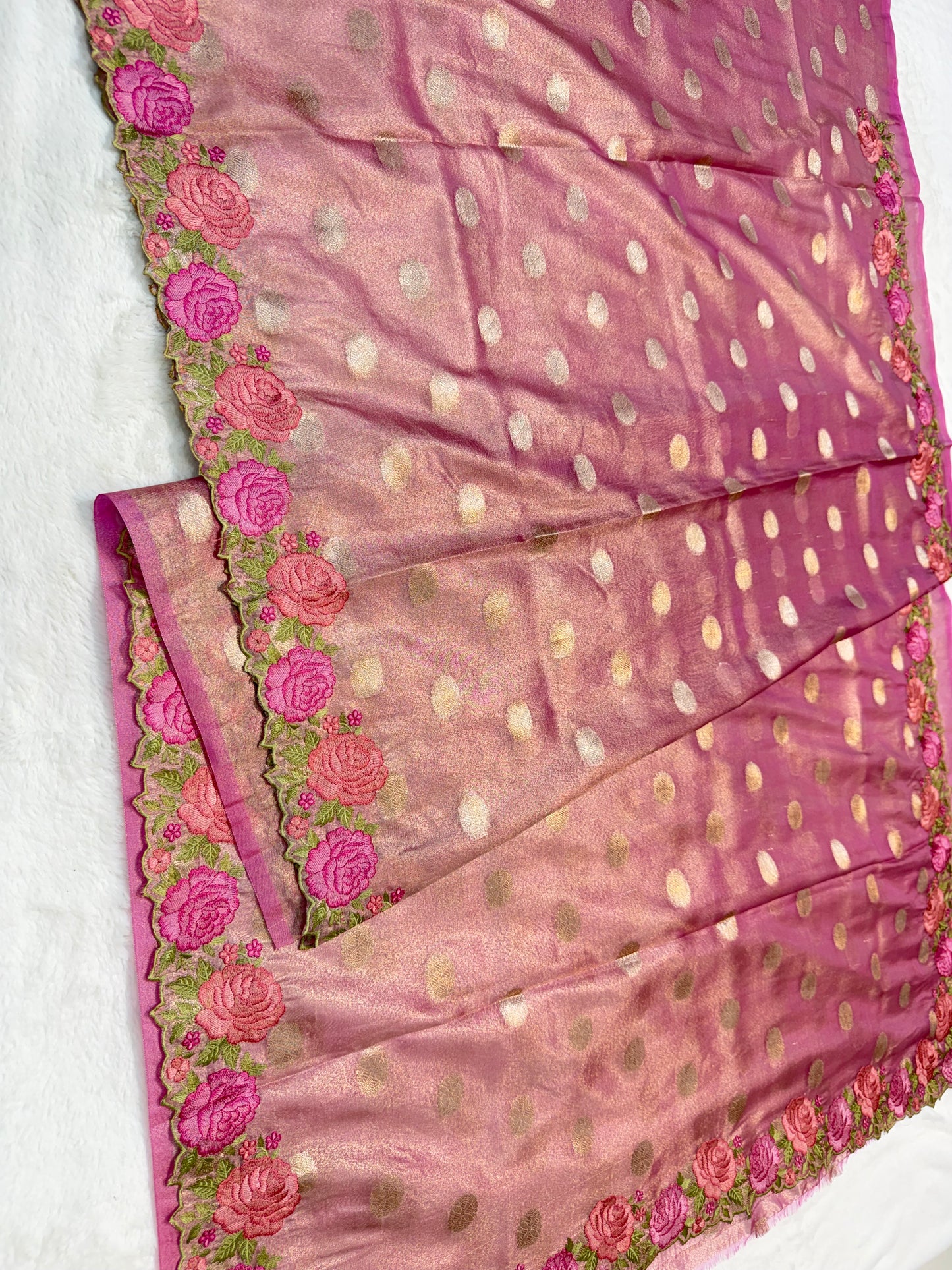 Royal pink shade tissue cutwork embroidery premium designer Banarasi saree