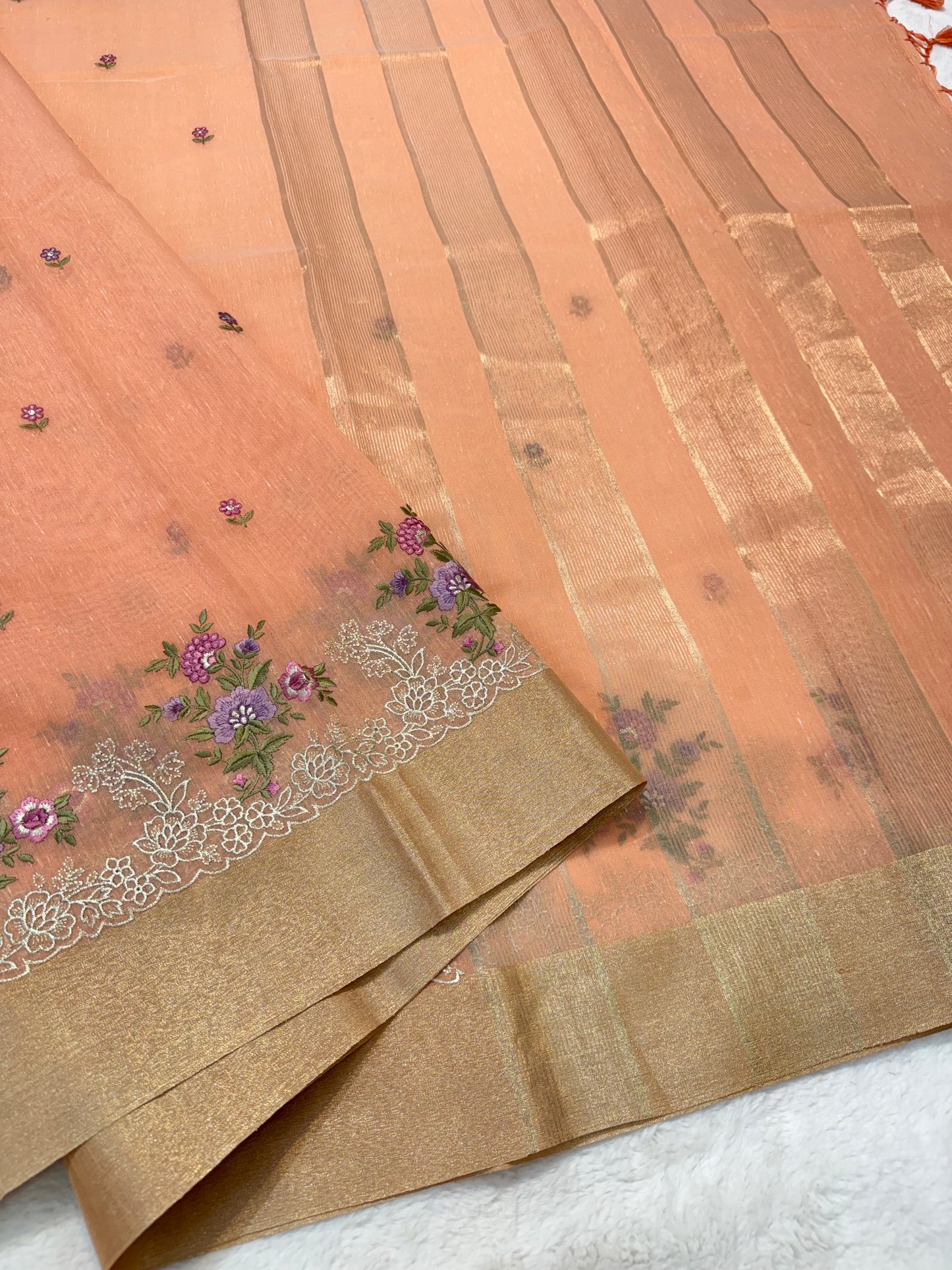 Peach shade linen embroidery Banarasi saree