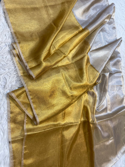 Gold silver shade soft tissue half half Banarasi saree