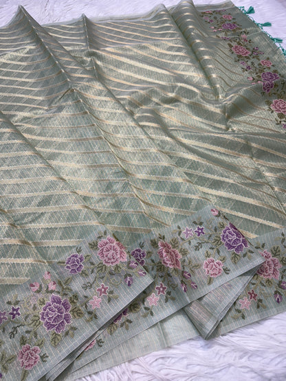 Pista green shade tissue kota embroidery primum Banarasi saree