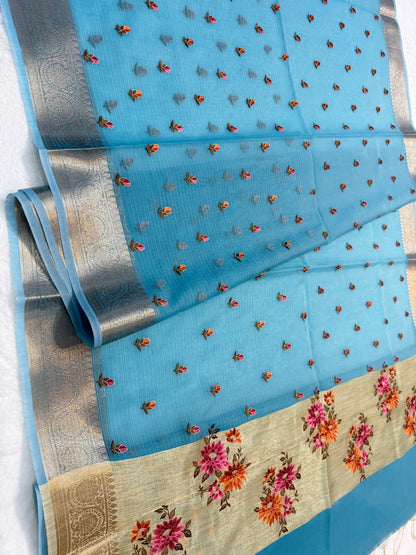 Sky blue shade cotton kota embroidery Banarasi saree