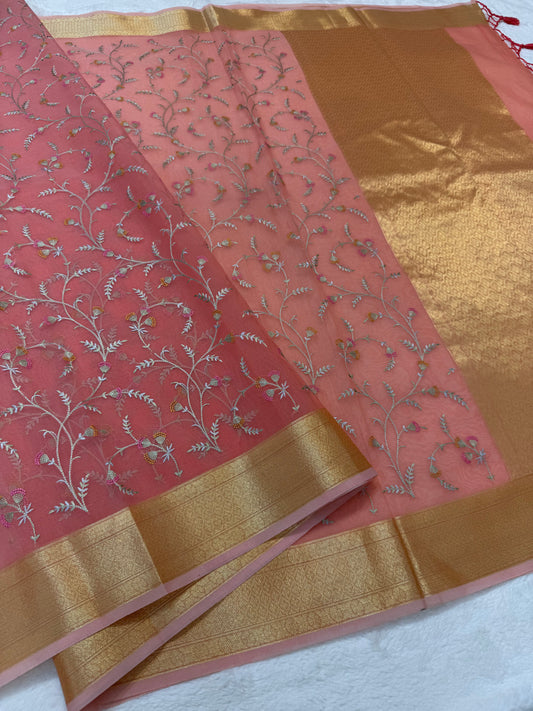 Pink shade organza designer premium embroidery Banarasi saree