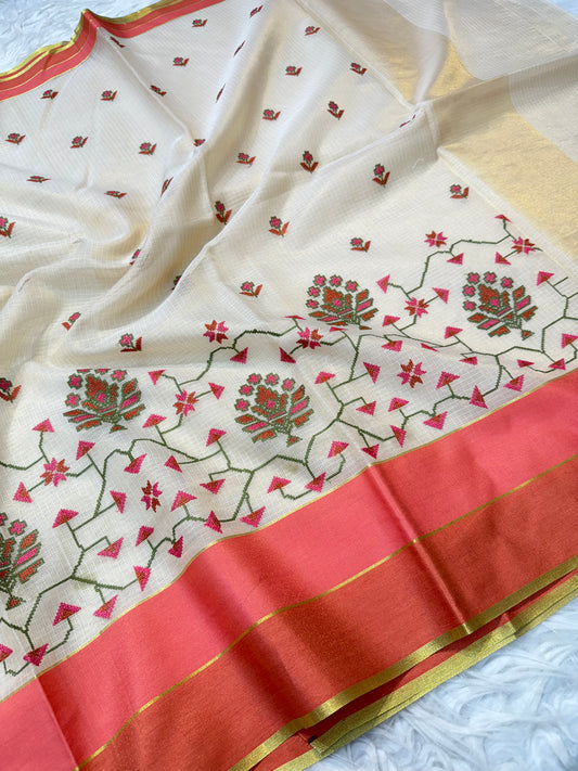 Off White peach pink  bottle green shade tissue kota embroidery Banarasi saree
