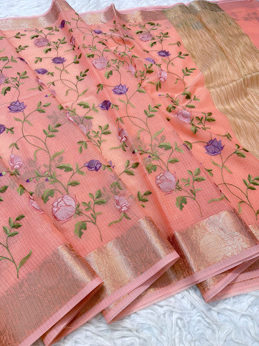 Peach shade cotton kota embroidery Banarasi saree
