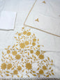 Gold white shade mul chanderi 3 piece appliqué work banarsi suit