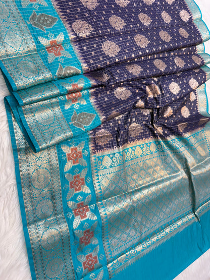 Nevy & firozi shade Chiniya Silk premium Banarasi Saree