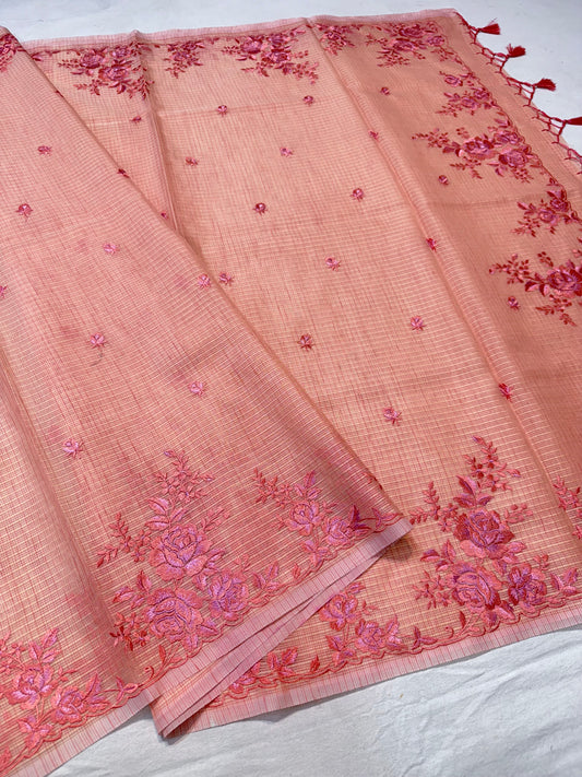Peach shade kota designer embroidery premium Banarasi saree