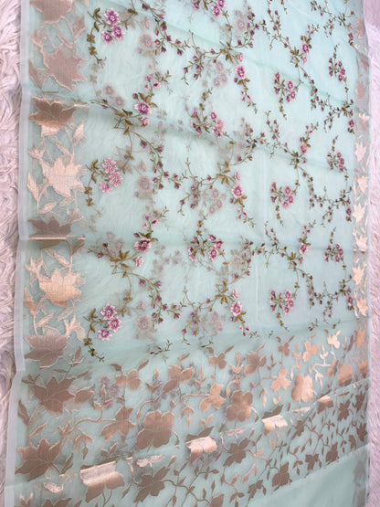Turquoise shade kora organza embroidery Banarasi saree