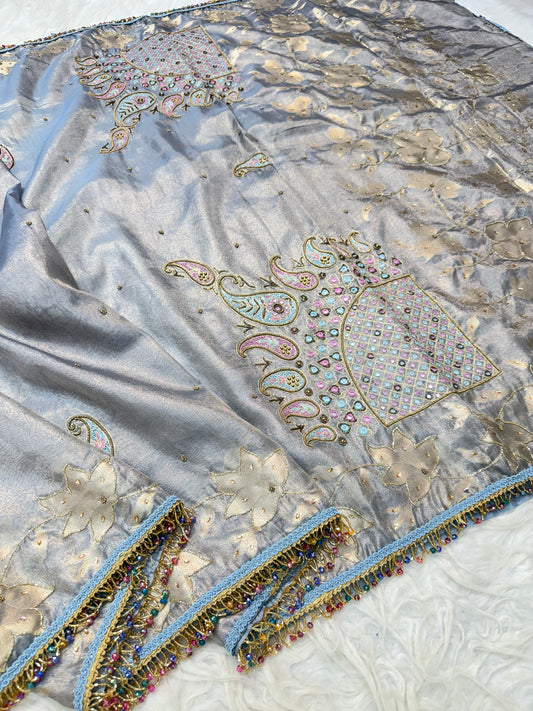 Silver shade tissue ari & zardosi work designer premium Banarasi saree