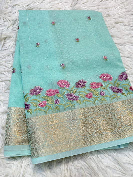 Turquoise shade linen embroidery Banarasi saree