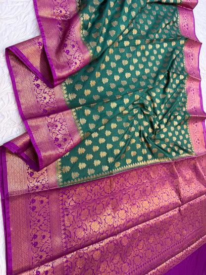 Bottle green & magenta Dupion Silk premium Banarasi Saree