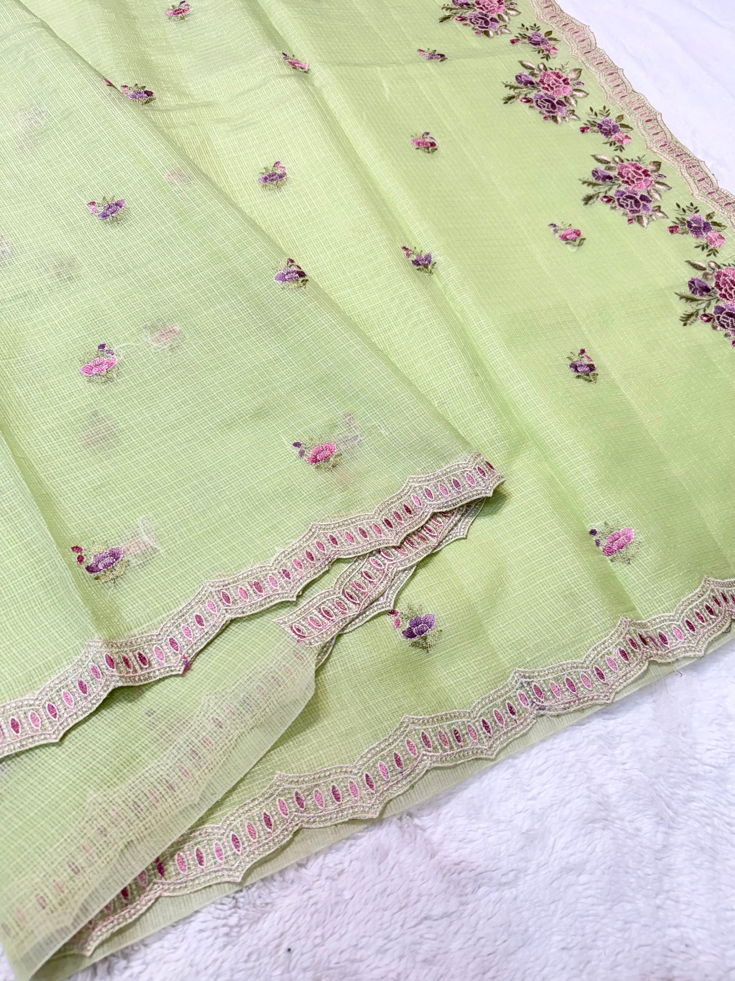 Pista green shade cotton kota embroidery Banarasi saree