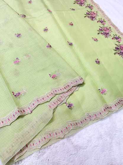 Pista green shade cotton kota embroidery Banarasi saree