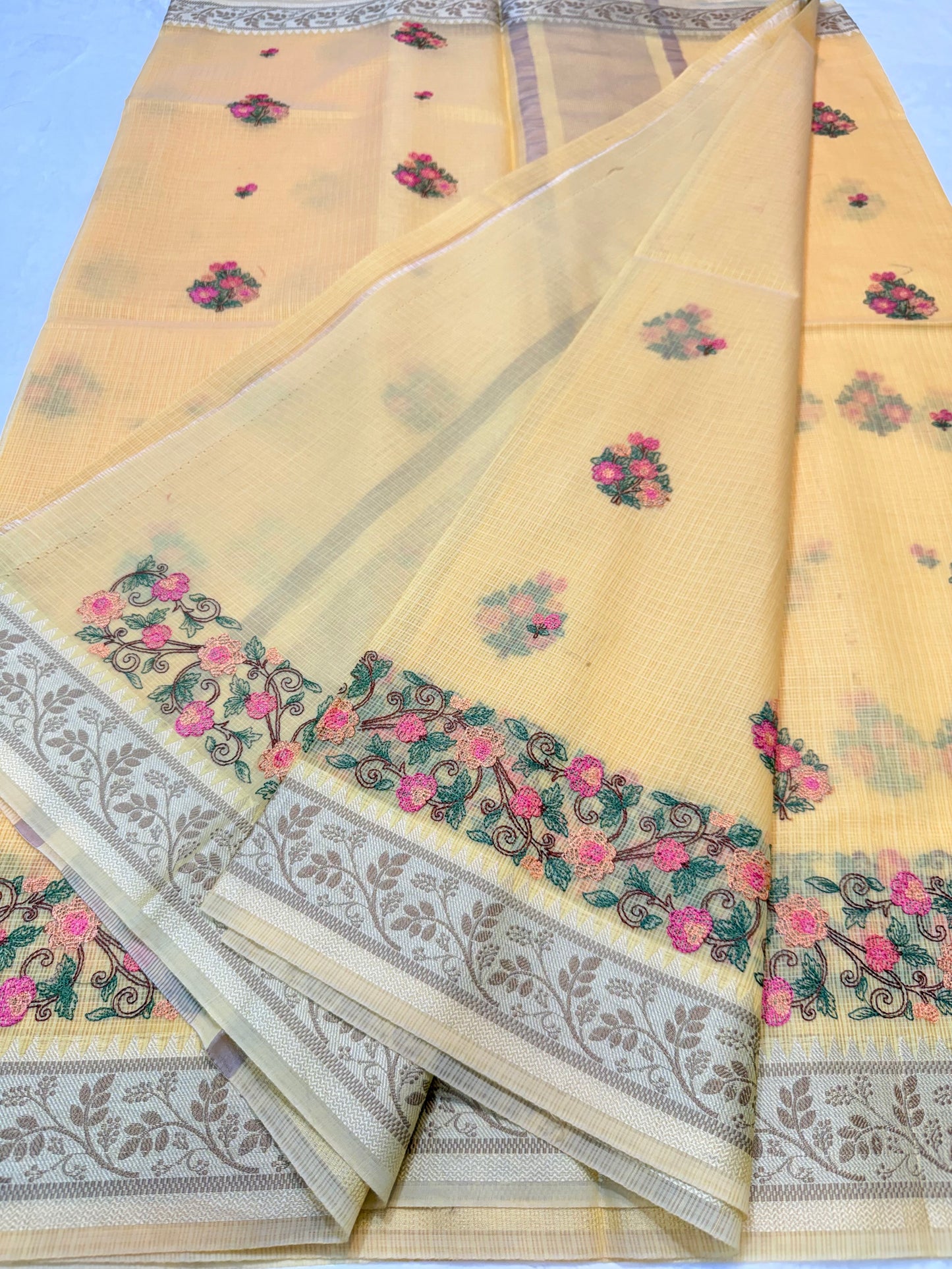 Yellow shade kota designer embroidery Banarasi saree