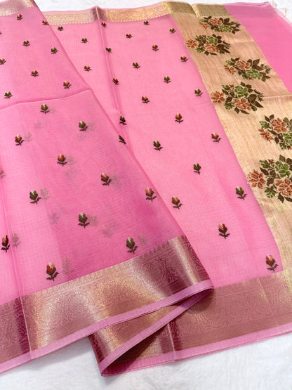 Pink shade cotton kota embroidery Banarasi saree