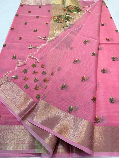 Pink shade cotton kota embroidery Banarasi saree