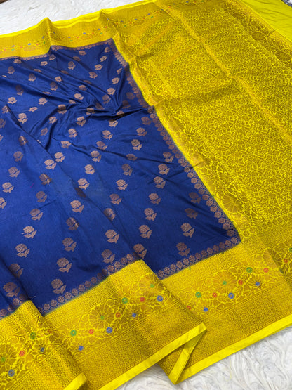 Nevy yellow shade  Dupion Silk premium Banarasi Saree