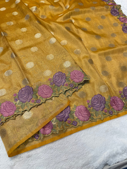 Gold shade tissue cutwork embroidery premium designer Banarasi saree