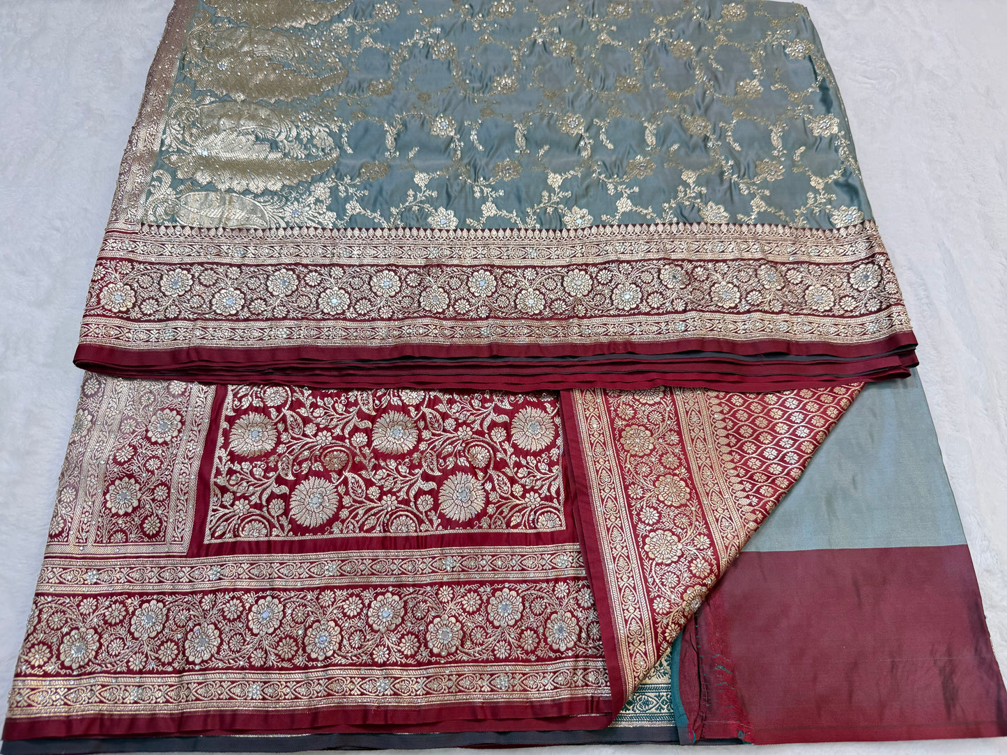 Gray maroon shade Bridal Satan katan ari & stone work Banarasi silk Saree