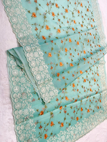 Sea green shade organza designer cutwork premium embroidery Banarasi saree