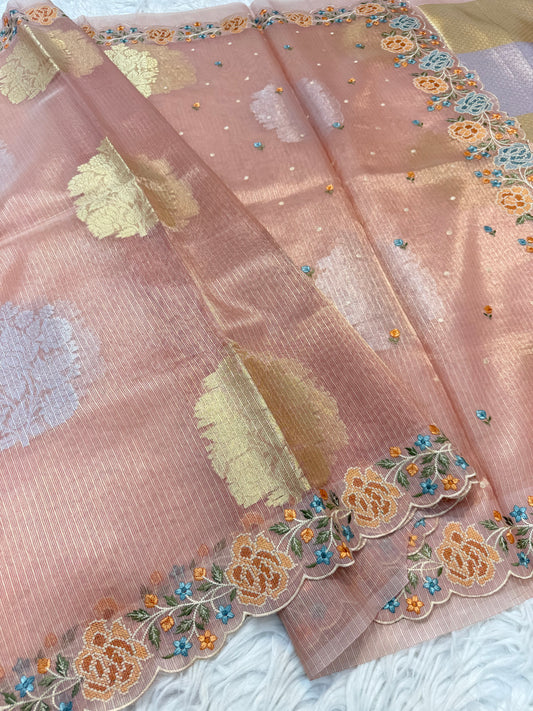 Peach shade tissue kota embroidery primum Banarasi saree