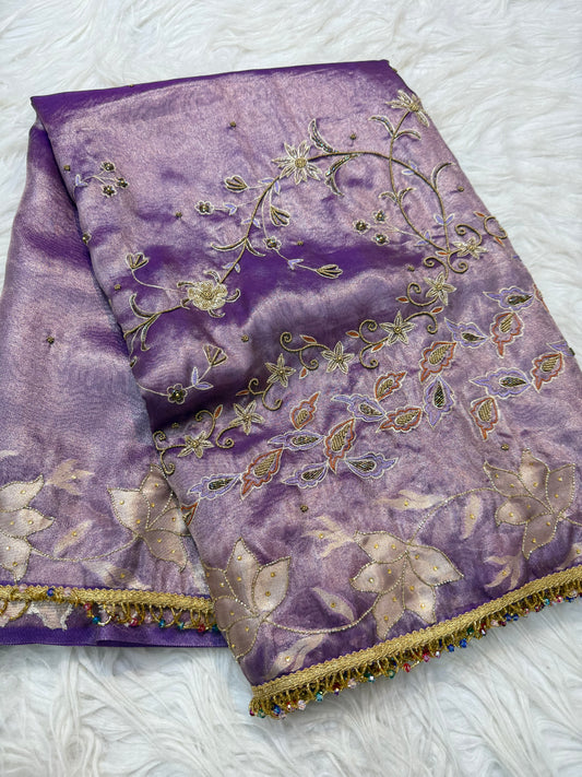 Magenta shade tissue ari & zardosi work designer premium Banarasi saree