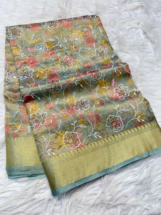 multicolour tissue silk digital  print Embroidry sawroski work premium Banarasi saree