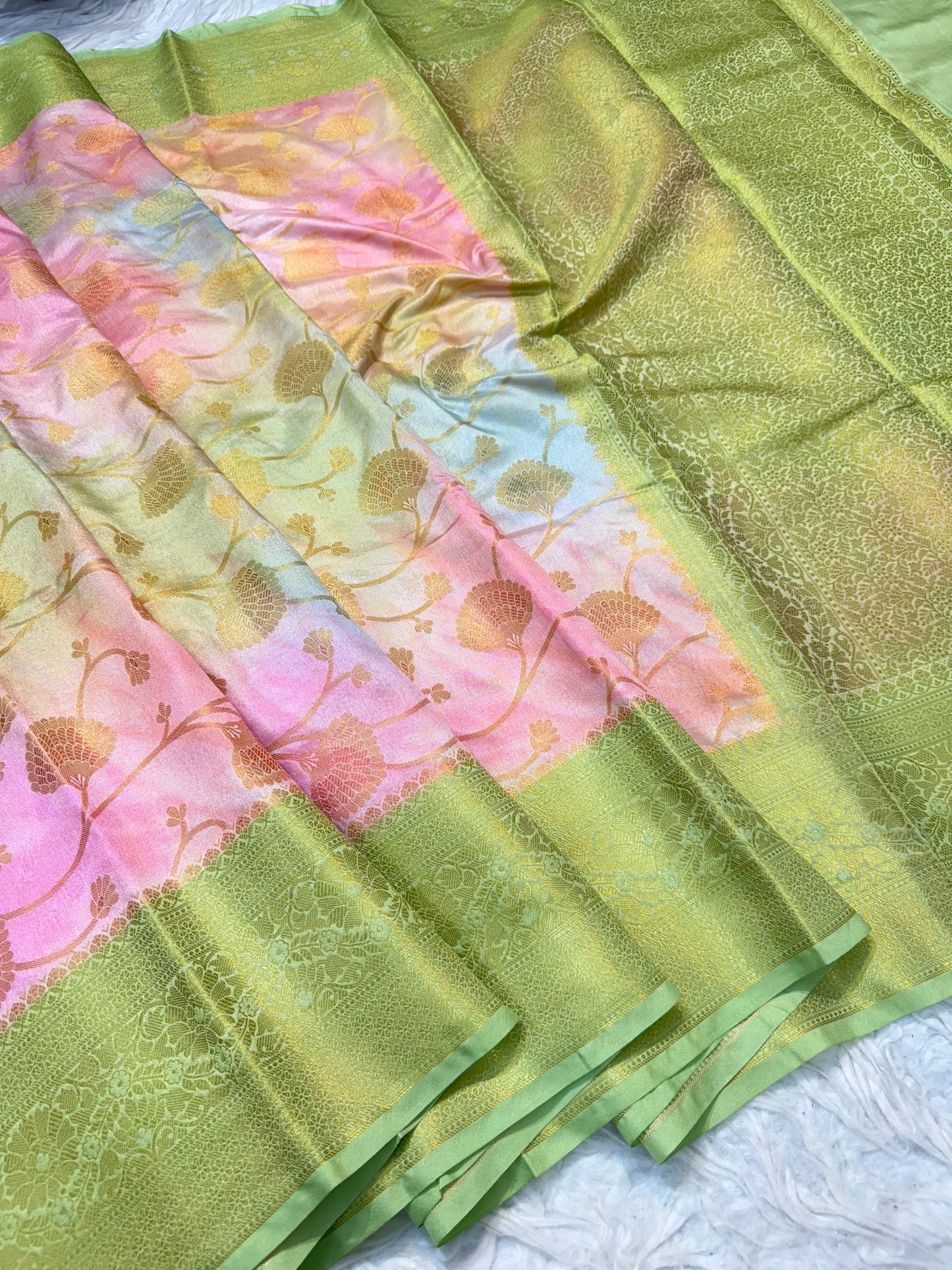 Pista green & multicolour Dupion silk digital print Banarasi saree