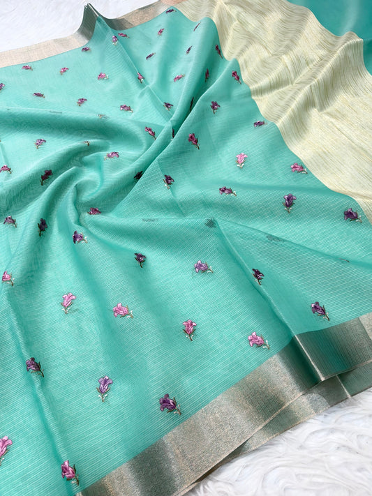 Sea green green  shade cotton kota embroidery Banarasi saree