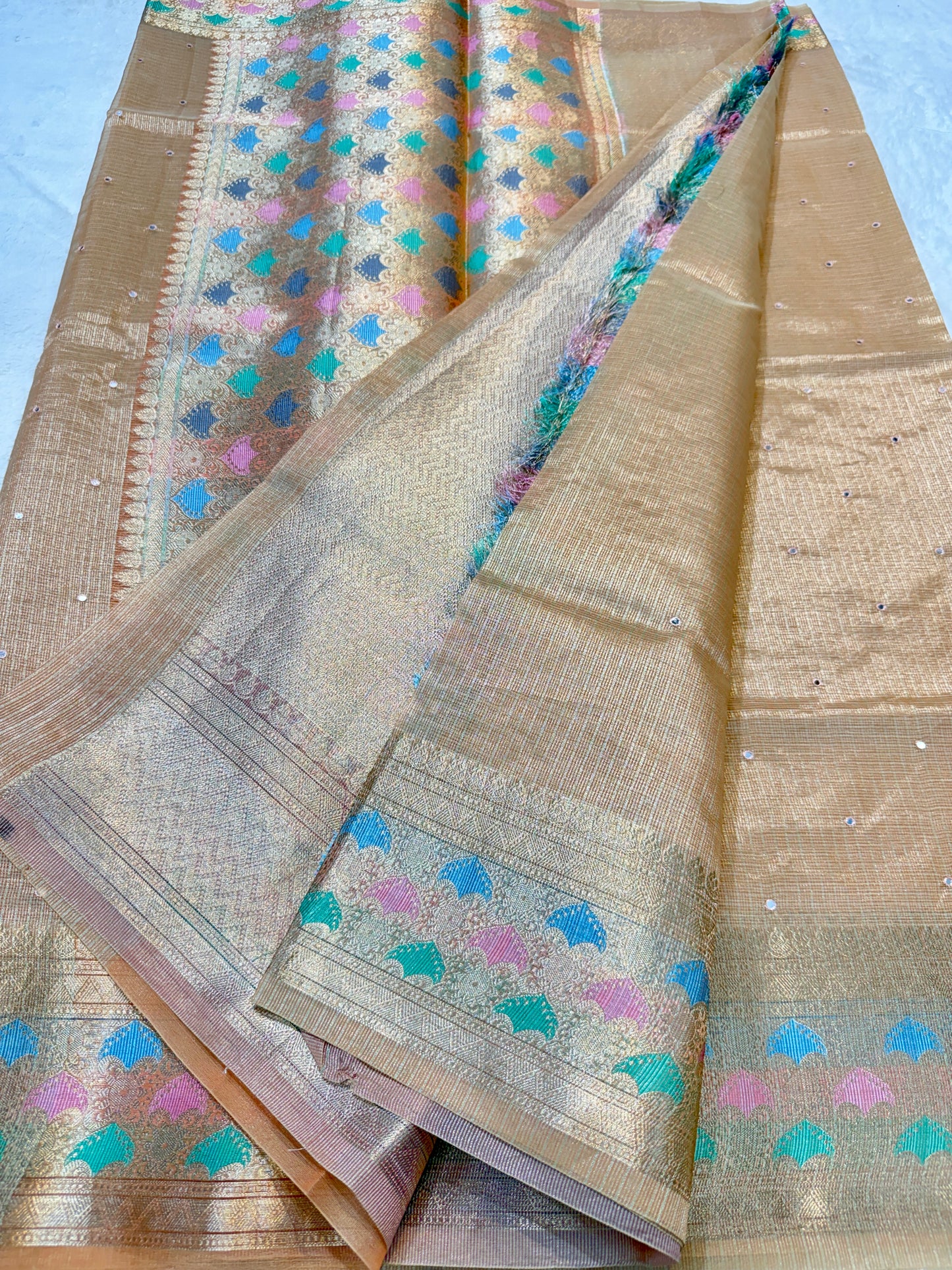 Peach shade tissue kota mirror work premium Banarasi saree