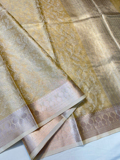 Gold shade tissue kota embroidery primum Banarasi saree