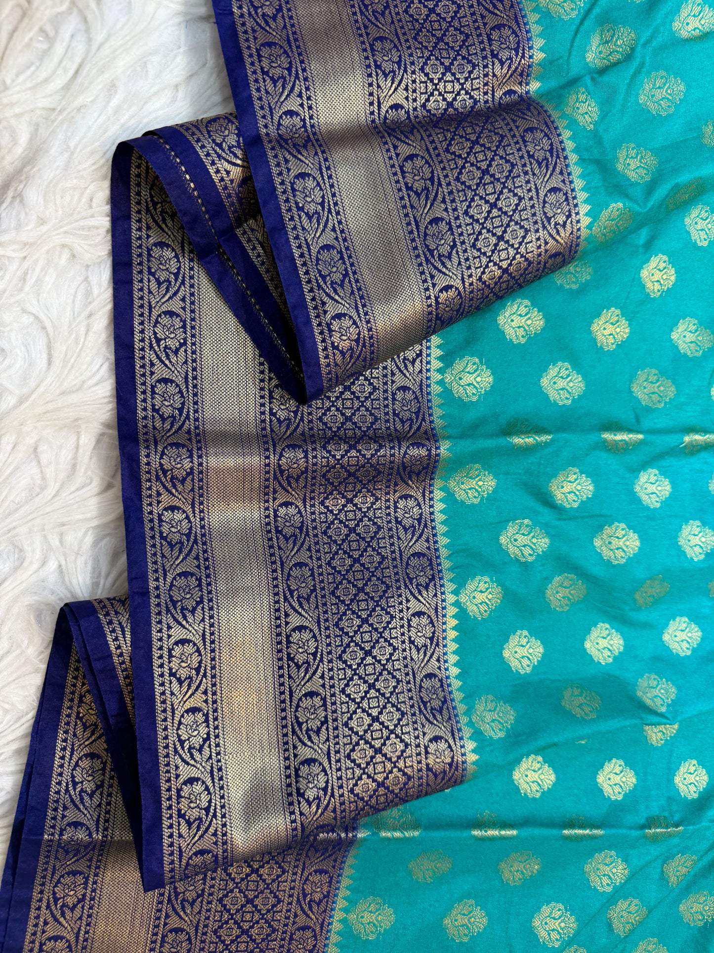 Sea green & blue shade Dupion Silk Banarasi Saree 