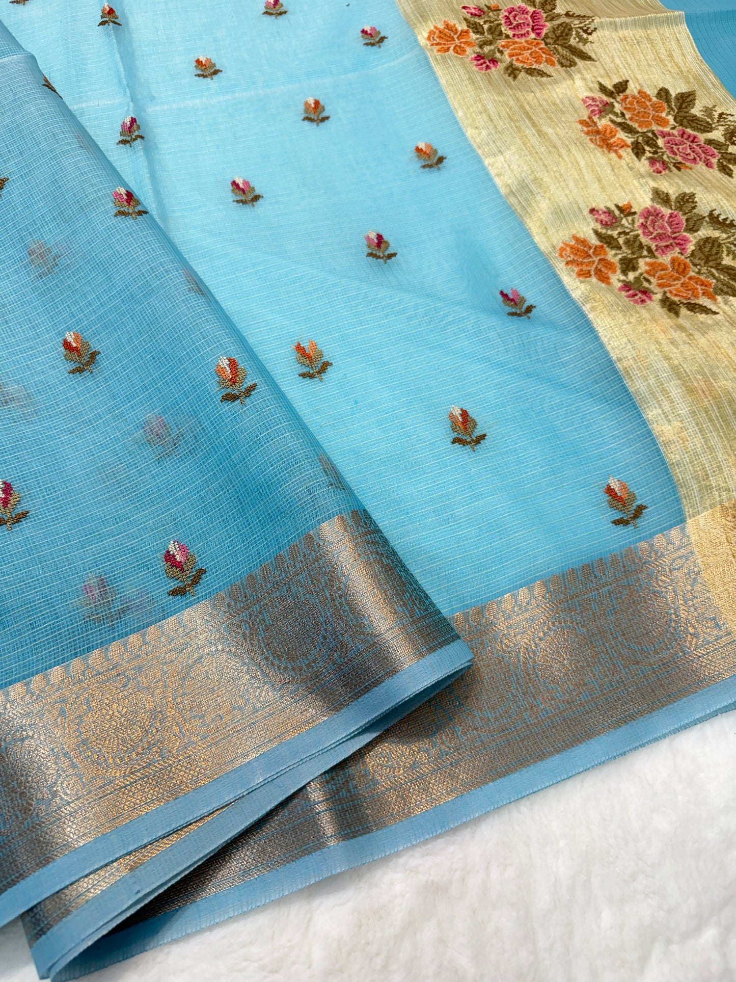 Sky blue shade cotton kota embroidery Banarasi saree