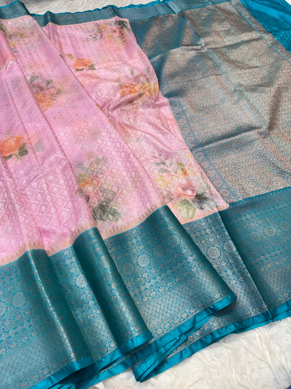 multicolour soft Dupion silk digital  print Banarasi saree