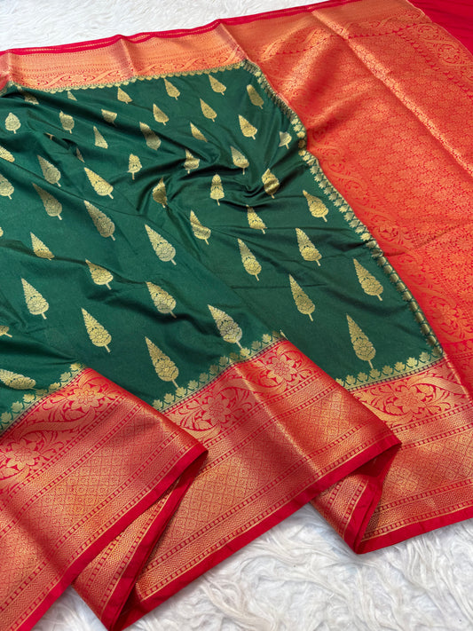 Bottle green red shade Dupion Silk Banarasi Saree 