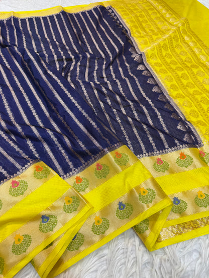 Nevy yellow shade georgette Banarasi saree