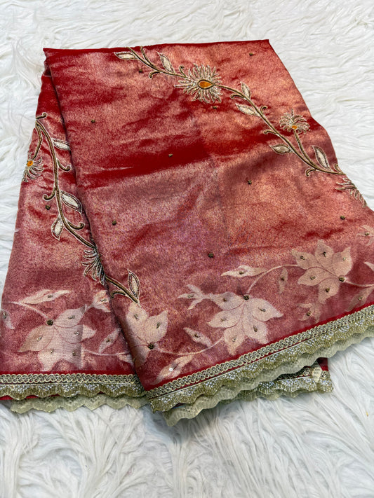 Red shade tissue ari & zardosi work designer premium Banarasi saree