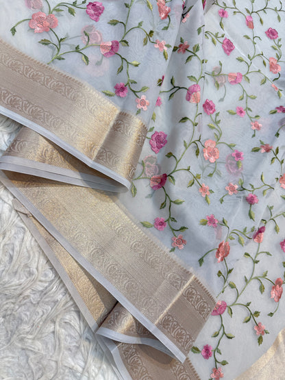 Grey organza embroidery Banarasi saree