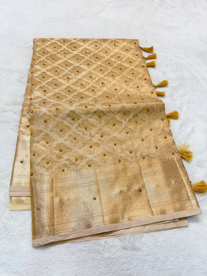 Gold shade tissue kota designer handwork premium Banarasi saree