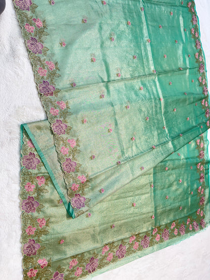 Sea green shade tissue cutwork embroidery premium designer Banarasi saree