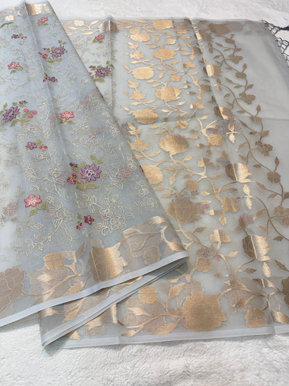 Grey shade organza designer  embroidery premium Banarasi saree