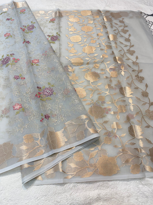 Grey shade organza designer  embroidery premium Banarasi saree